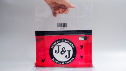 plastik pe cetak 2 warna, pon lobang, gusset