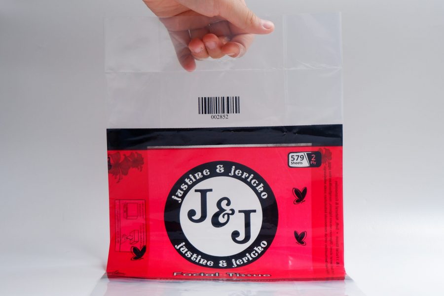 plastik pe cetak 2 warna, pon lobang, gusset